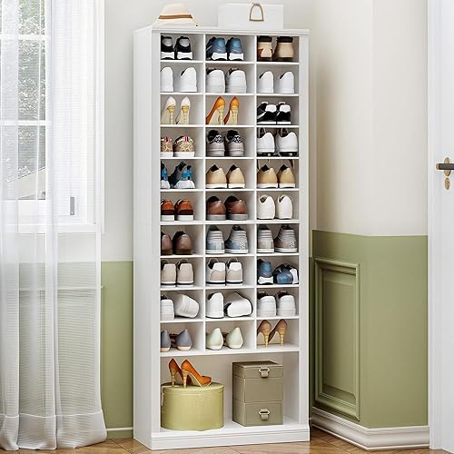 SR39303X - Armario de almacenamiento de zapatos de 11 niveles, armario alto de zapatos con cubículo, organizador de zapatos independiente de madera,