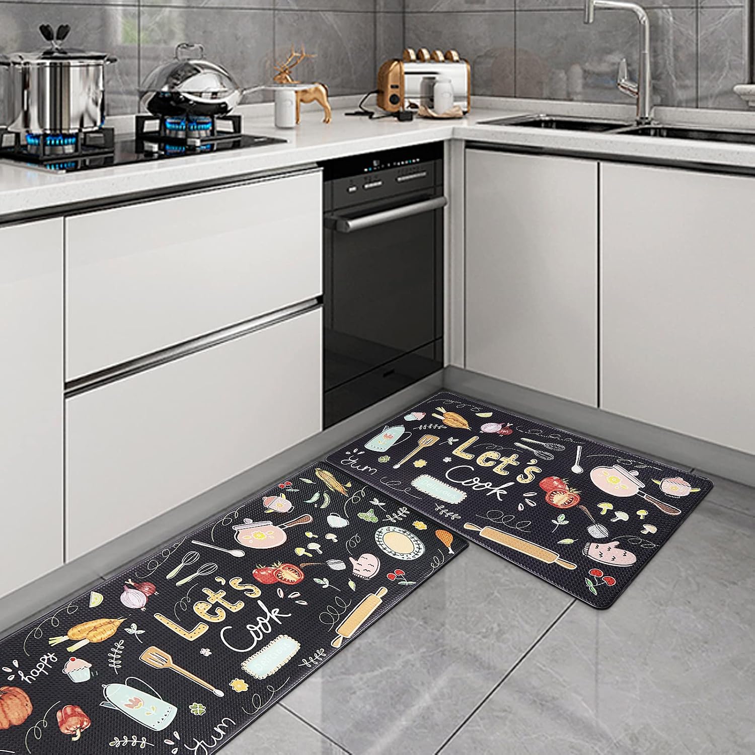 Kitchen Mat Set, 2 Piece Anti Fatigue Kitchen Floor Mat Comfort PVC Leather Standing Cushioned Waterproof Rubber Back Non Slip Kitchen Rugs Indoor Outdoor (18" x 29"+18" x 47", Colorful Tableware)