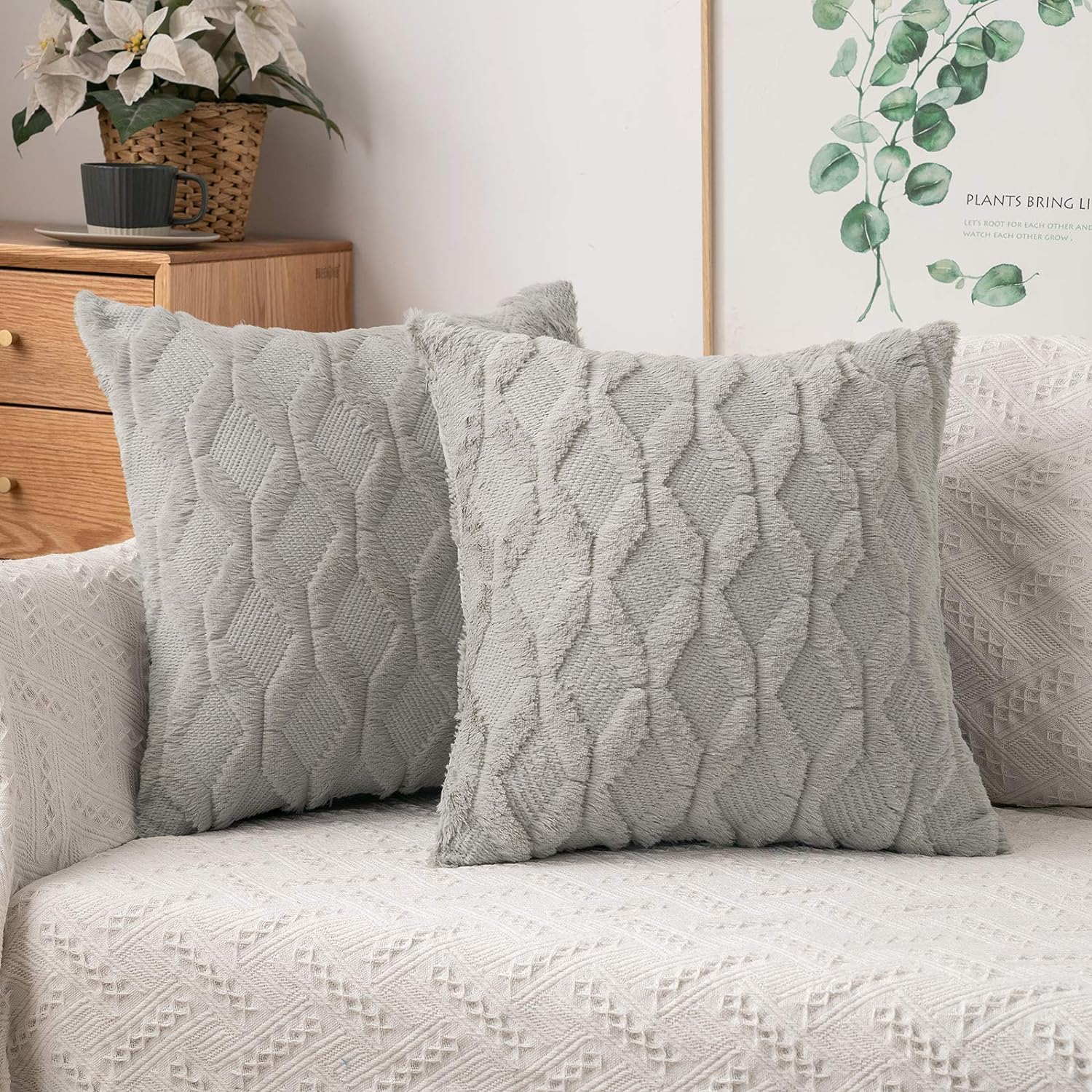 LUCKY-D2pcs Throw Pillow Covers 45 * 45 CM Set of Spring Decorative Farmhouse Couch Throw Pillows Boho Shells Soft Plush Wool Pillowcases for Bedroom Living Room Sofa (2, Light Gray)