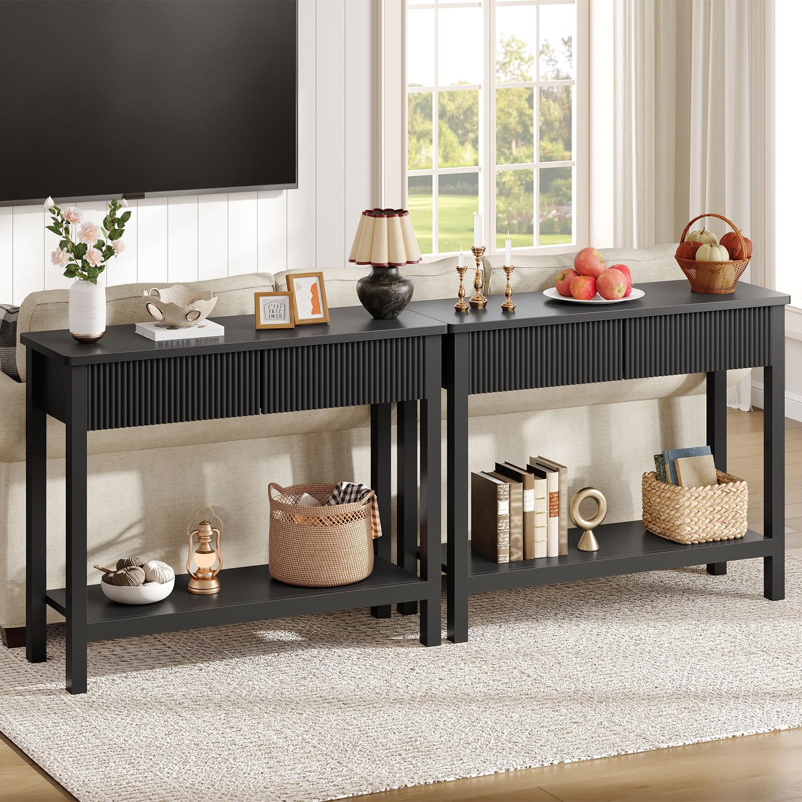 HOOBRO 100 cm Konsolentisch, schmaler Flurtisch mit Wellenplatten-Schublade, Sofatisch, Eingangstisch, Beistelltisch für Flur, Diele, Wohnzimmer, Schwarz EBK89XG01N1