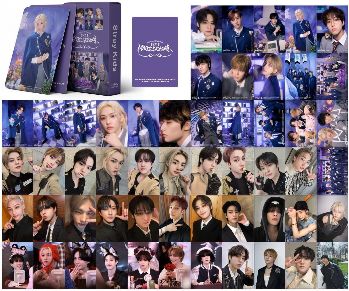 KWIBYBGS 55Pcs Stray Kids Photocards Skz's Magic School Fan Meeting Lomo Cards Stay Hideout New Album Cards Mini Merch Photo Cards