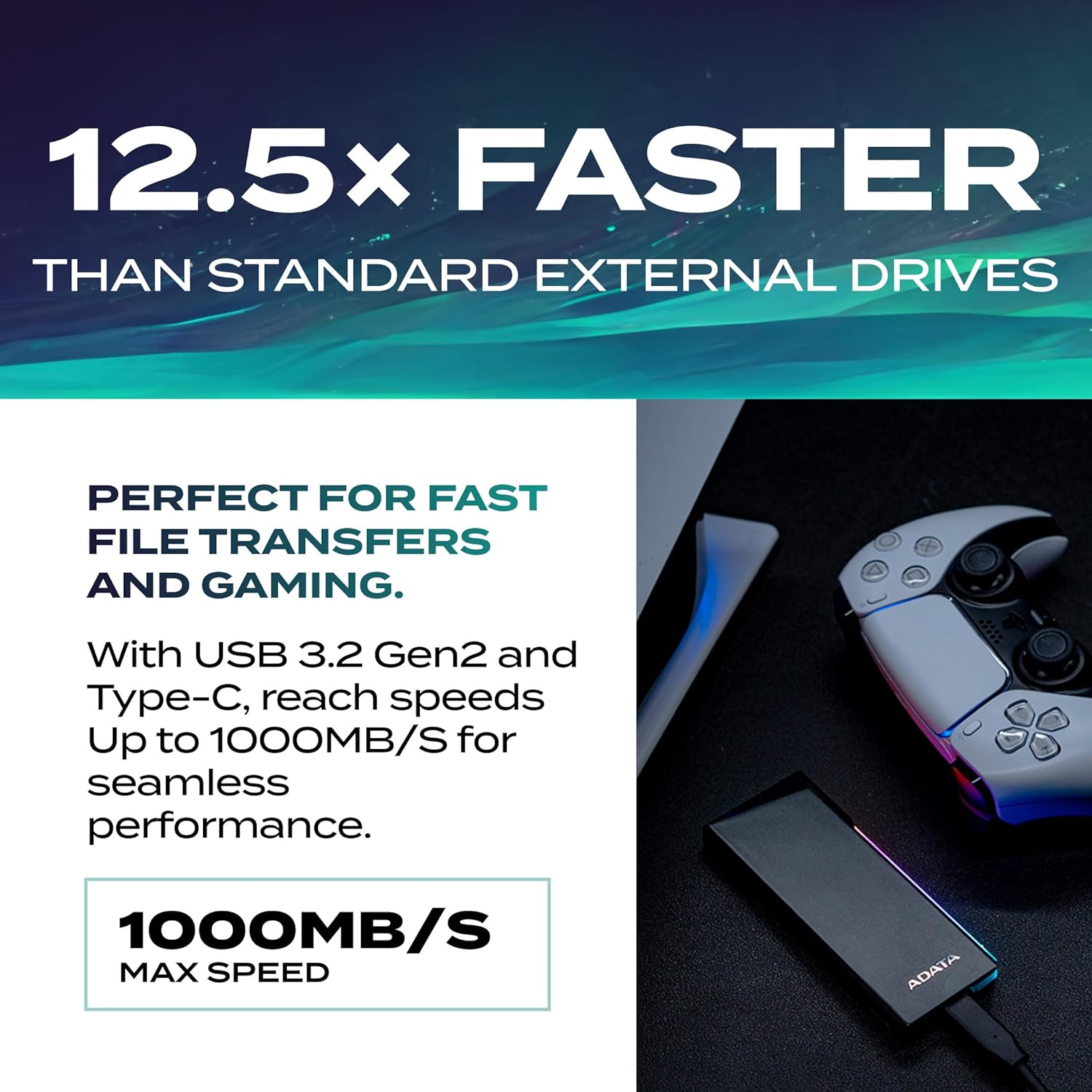 ADATA EC700G - M.2 PCIe/SATA SSD Enclosure - High-Capacity Storage - Game Console Compatible - Quick Load SSD Expansion - Aluminum RGB - No Tools Needed - AEC700GU32G2-CGY