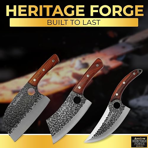 Miniatura 4 de SliceElite Heritage Forge 3 Piece Butcher Knife Set Serbian Chef Meat Cleaver Viking Knife High Carbon Stainless Steel Full Tang Sandalwood Handle