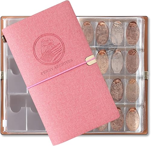 Miniatura 10 de MUDOR Libro de colección de penny prensado con diario de archivo, libro de penny de recuerdo con capacidad para 203 monedas, soporte prensado para