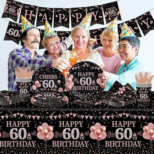 Miniatura 3 de Juego de 142 platos y servilletas desechables de oro rosa para cumpleaños n. 60, para 20 invitados