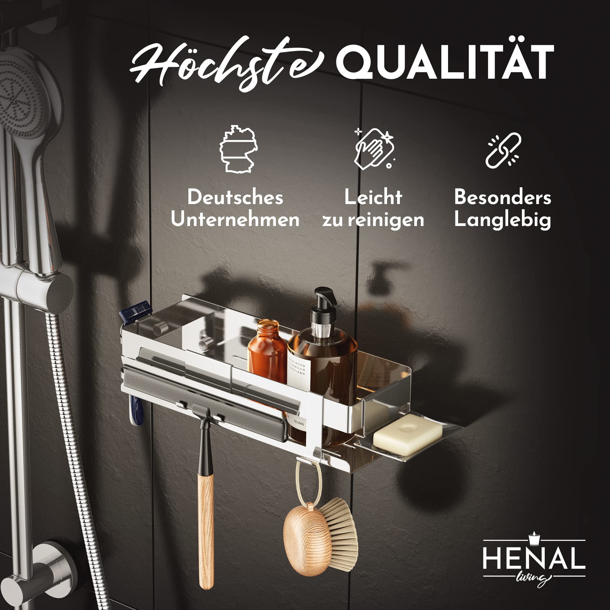 HENAL Duschablage Set 5 in 1, Hochglanz Edelstahl-Duschablage ohne Bohren, Duschregal inklusive Rasiererhalter, Duschabzieher-Halter, Seifenschale & Haken, XXL Bathroom Organizer