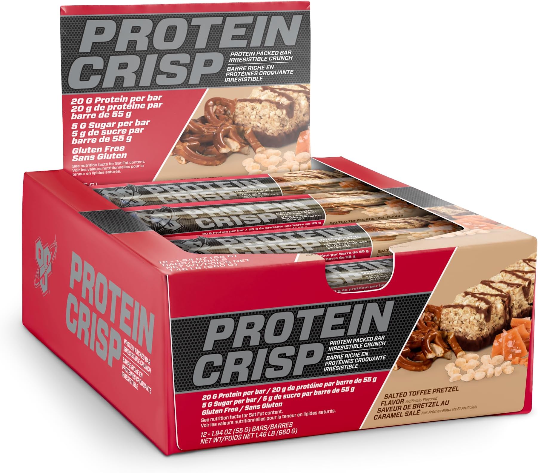 BSN Protein Bars - Protein Crisp Bar by Syntha-6, Whey Protein, 20g of Protein, Gluten Free, Low Sugar, Salted Toffee Pretzel, 12 Count