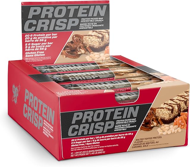 BSN Protein Crisp Bar by Syntha-6, Low Sugar Whey Protein Bar, 20g of Protein, Salted Toffee Pretzel, 12 Count (Packaging may vary)