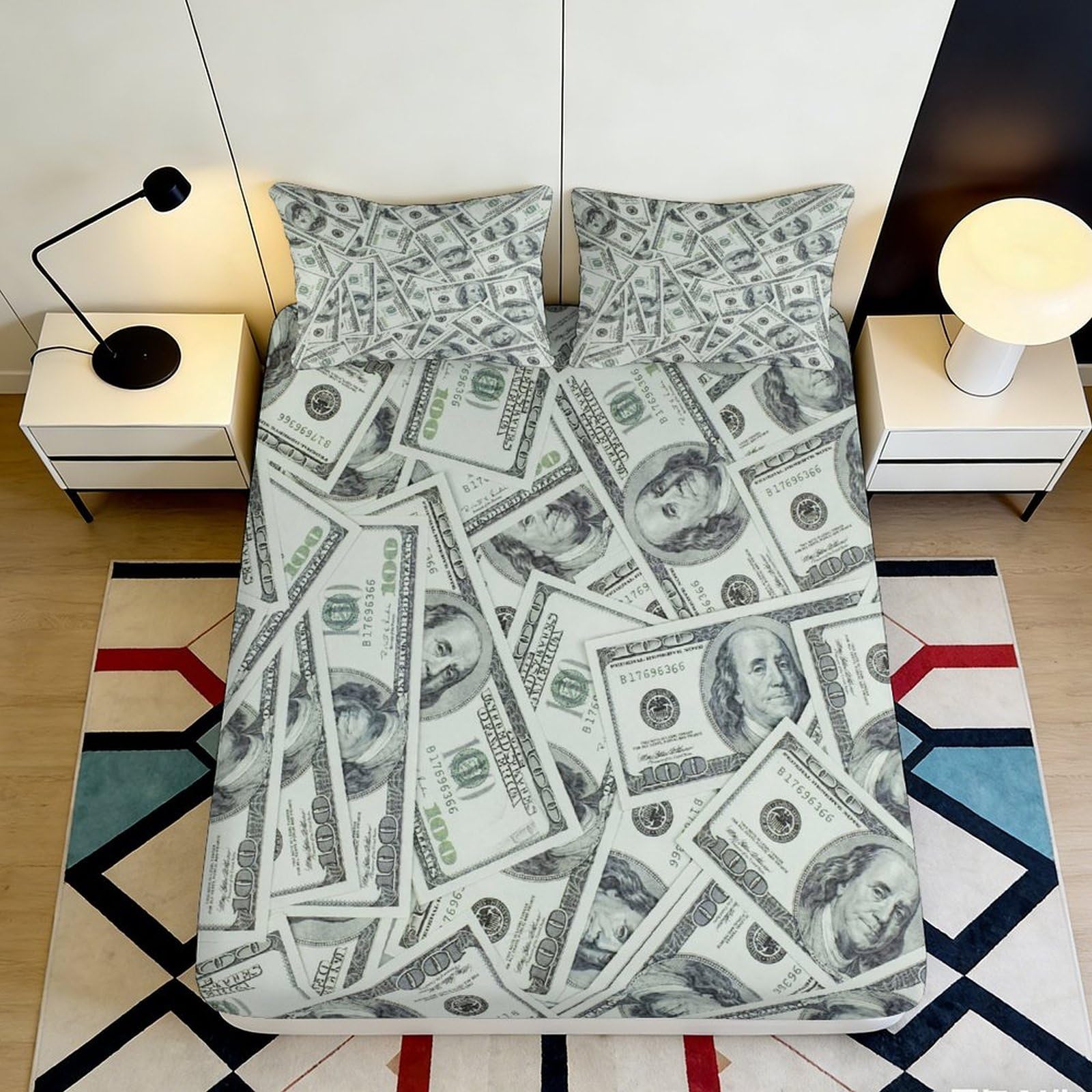 3D Printed Money Pattern Fitted Sheet Microfiber Soft Bed Cover Dollar Bill Design for Bedroom Guest Room Decor 90x200x25cm