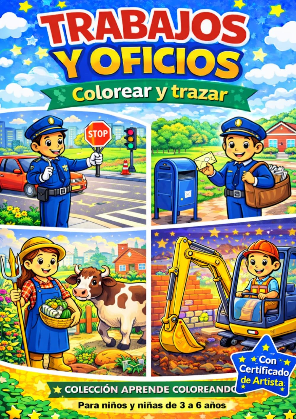 TRABAJOS Y OFICIOS - Colorear y trazar: 30 Divertidos dibujos para colorear para Niños y Niñas de 3 a 6 Años: Aprende jugando, pintando y aprendiendo ... concentración (Colección Aprende Coloreando)