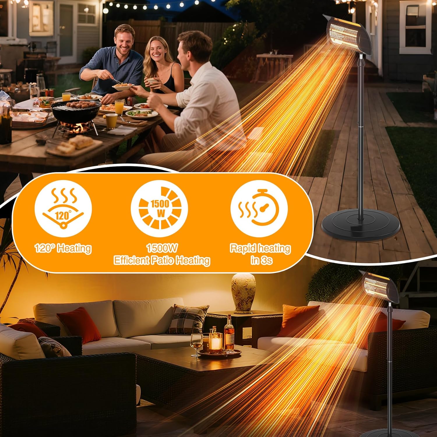 Mobile Heater: 1500W Electric Infrared Floor-Standing Heater, Floor-Mounted, Waterproof Design, Used for Outdoor, Indoor, Patios, Restaurants, with Overheat and Tip-Over Power-Off Protection