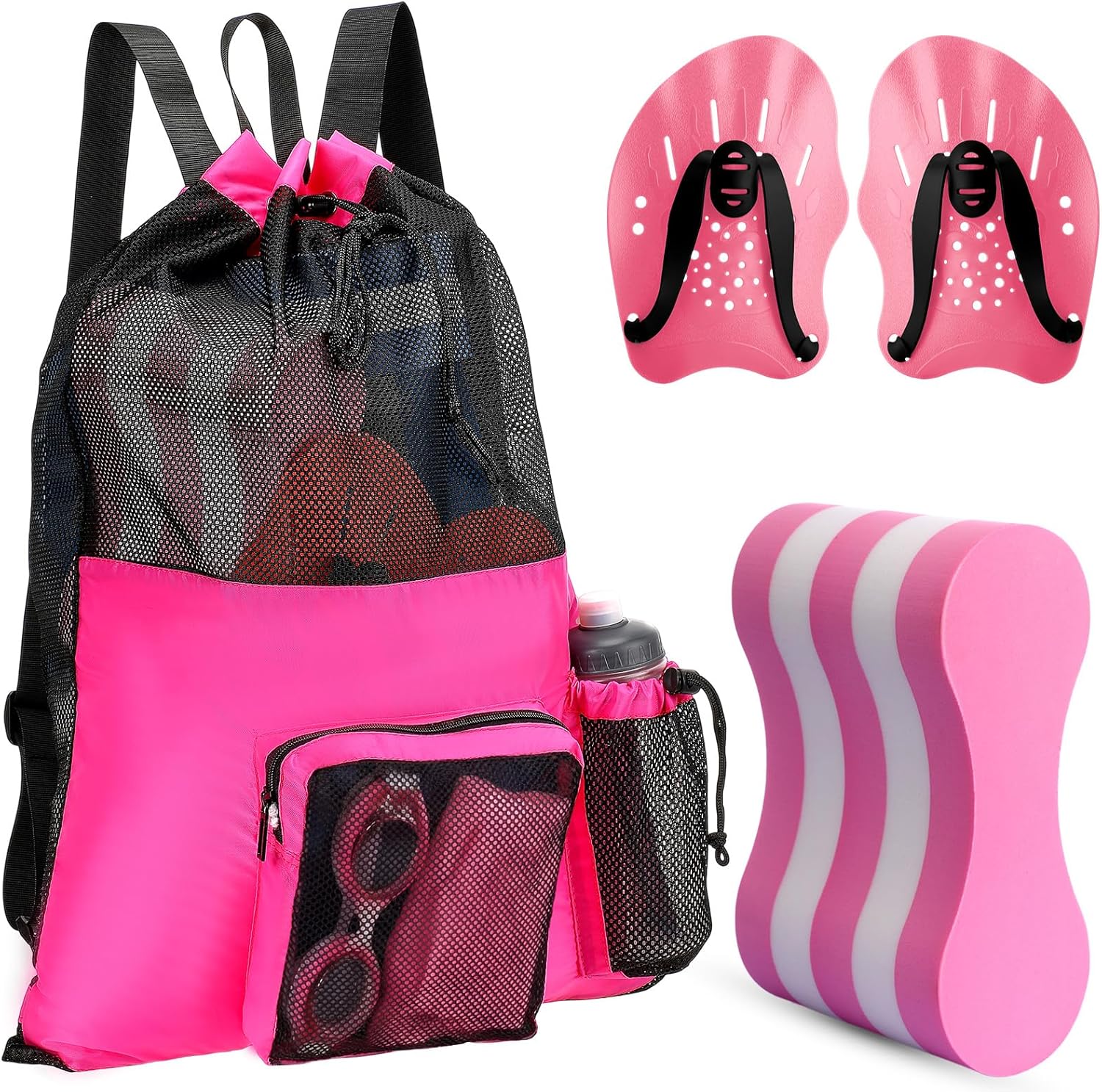 4 Pcs Swim Training Pull Buoy Hand Paddles Set Include 1 Big Mesh Backpack 1 Buoy 2 Hand Paddles with Adjustable Straps Swim Training Equipment Kit for Adults