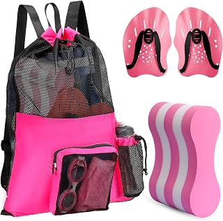 4 Pcs Swim Training Pull Buoy Hand Paddles Set Include 1 Big Mesh Backpack 1 Buoy 2 Hand Paddles with Adjustable Straps Swim Training Equipment Kit for Adults