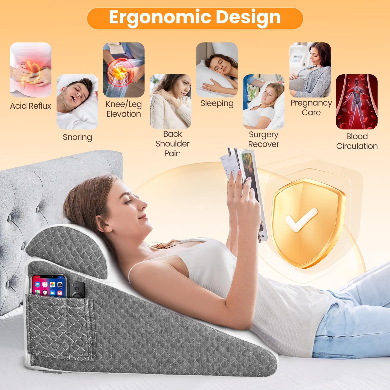 Cuscino a Cuneo per Letto, Memory Foam Cuscino Antireflusso Adulti con Supporto per la Schiena, Ergonomico Cuscino Triangolare per il Supporto di Schiena, Gambe e Ginocchia (Memory Foam)