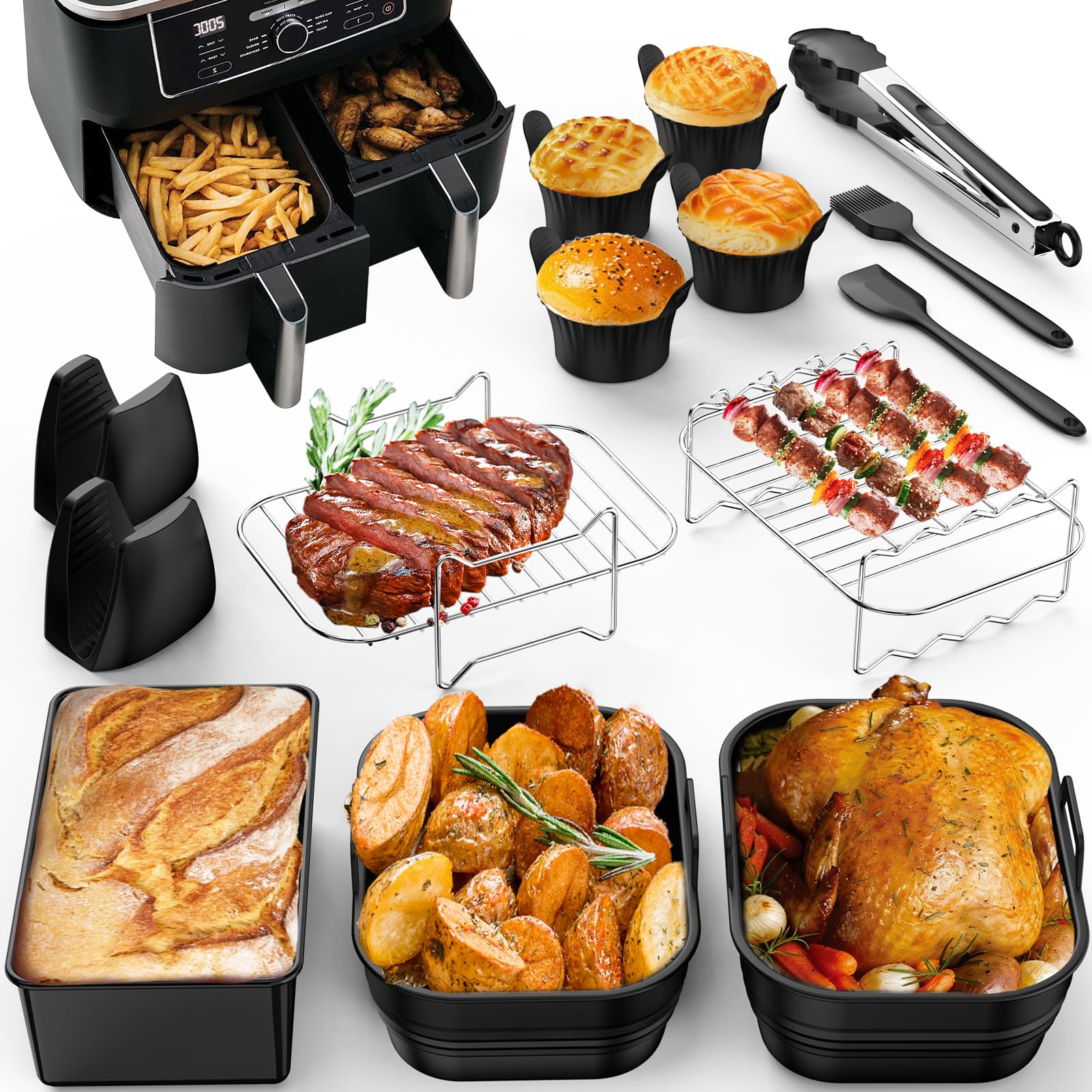 Accessoires Air Fryer Pour Ninja Dual Zone AF300EU/AF400EU - Moules Silicone, Grille Inox, Pinces (compatible 7,6L-10,4L)