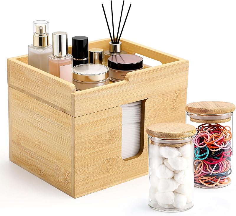 Porta-toalhas faciais de bambu InnJoey com 2 potes de vidro 2824Z2