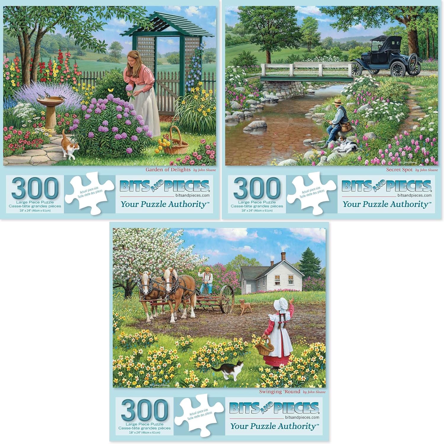 Bits and Pieces - Value Set of Three (3) - 300 Piece Jigsaw Puzzles for Adults - Large Piece 300 pc Classic Gardens Jigsaws Bundle by Artist John Sloane - 18” x 24”