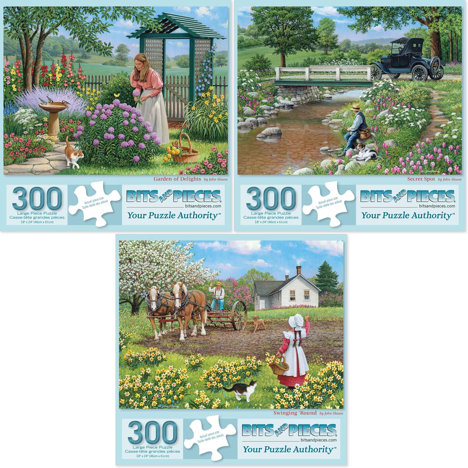 Bits and Pieces - Value Set of Three (3) - 300 Piece Jigsaw Puzzles for Adults - Large Piece 300 pc Classic Gardens Jigsaws Bundle by Artist John Sloane - 18" x 24"