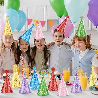 CHUNNIN 24PCS Printed Glitter Cone Hats Colorful DIY Assembly Birthday Party Hats with Pompoms Colorful Paper Headwear for Kids Adults Celebration Birthday Baby Shower Bridal Party Shower Decorations