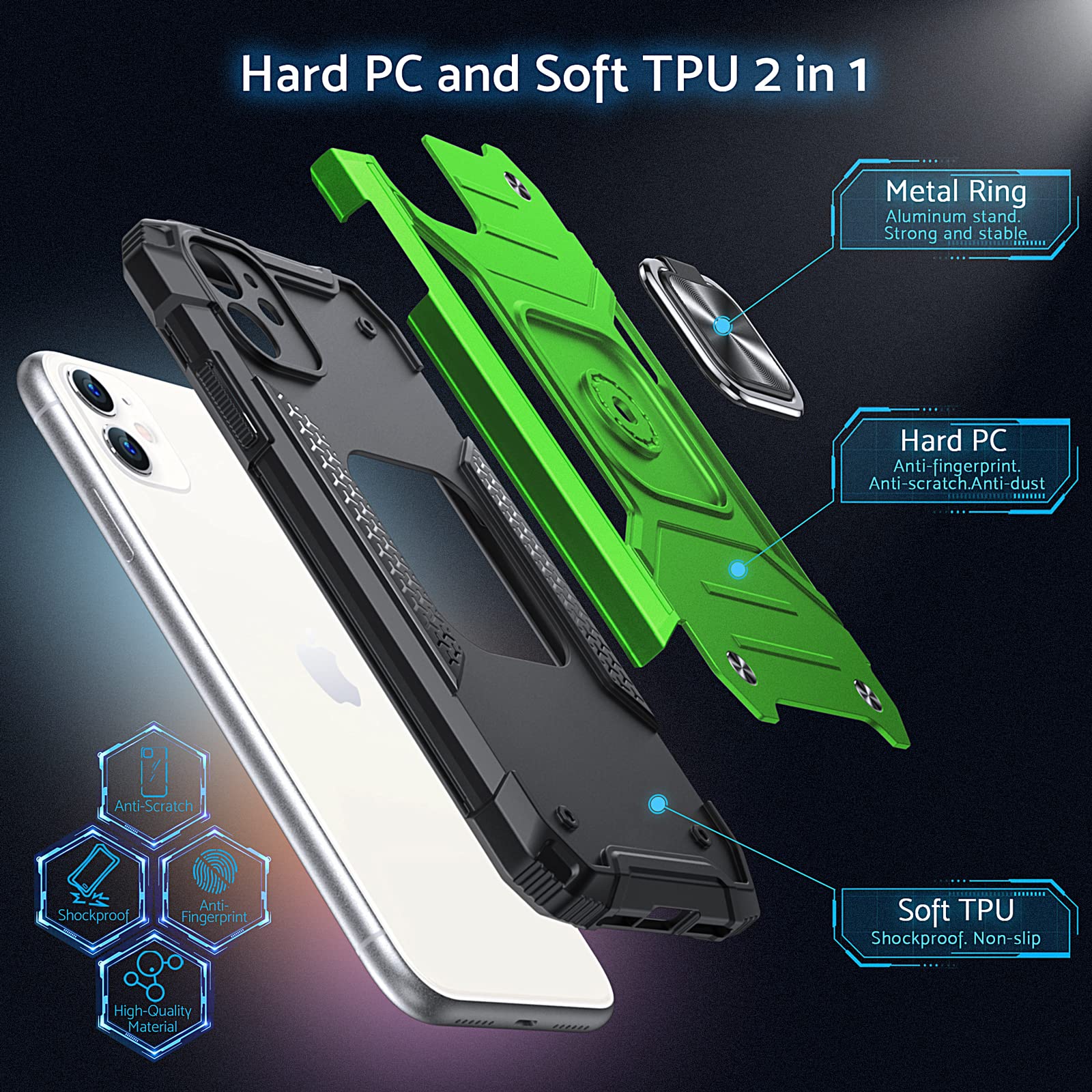 DASFOND Armor Hülle Für IPhone 11 Pro Max – Stoßfest Mit Metall-Ringhalter & Magnetplatte, Schwarz