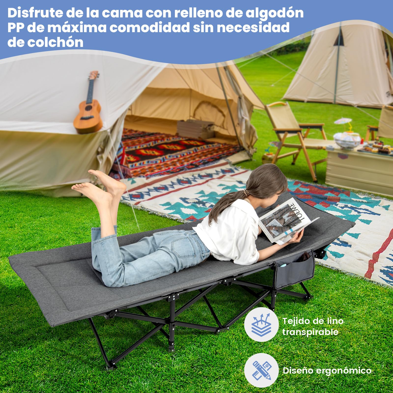 COSTWAY Cama Plegable Camping, Cama Camping con Cojín Cómodo, Reposacabezas y Bolsillo Lateral, Catre Plegable Camping, Bolsa de Transporte, Peso Neto 6,8kg, 190 x 68,5 x 48,5 cm