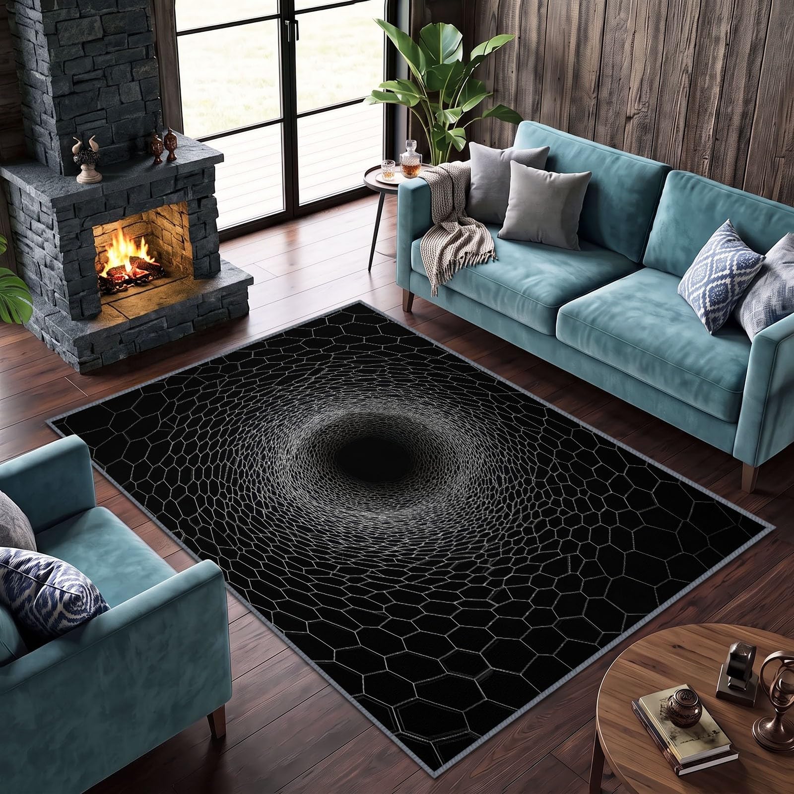 Tapis de Salon Lavable 120 x 170 cm Grille Hexagonale Tunnel, Tapis Antidérapant à Poils Ras Illusion Optique pour Cuisine Bureau Salle à Manger - Moquette Décoration Intérieure Chambre d'enfant