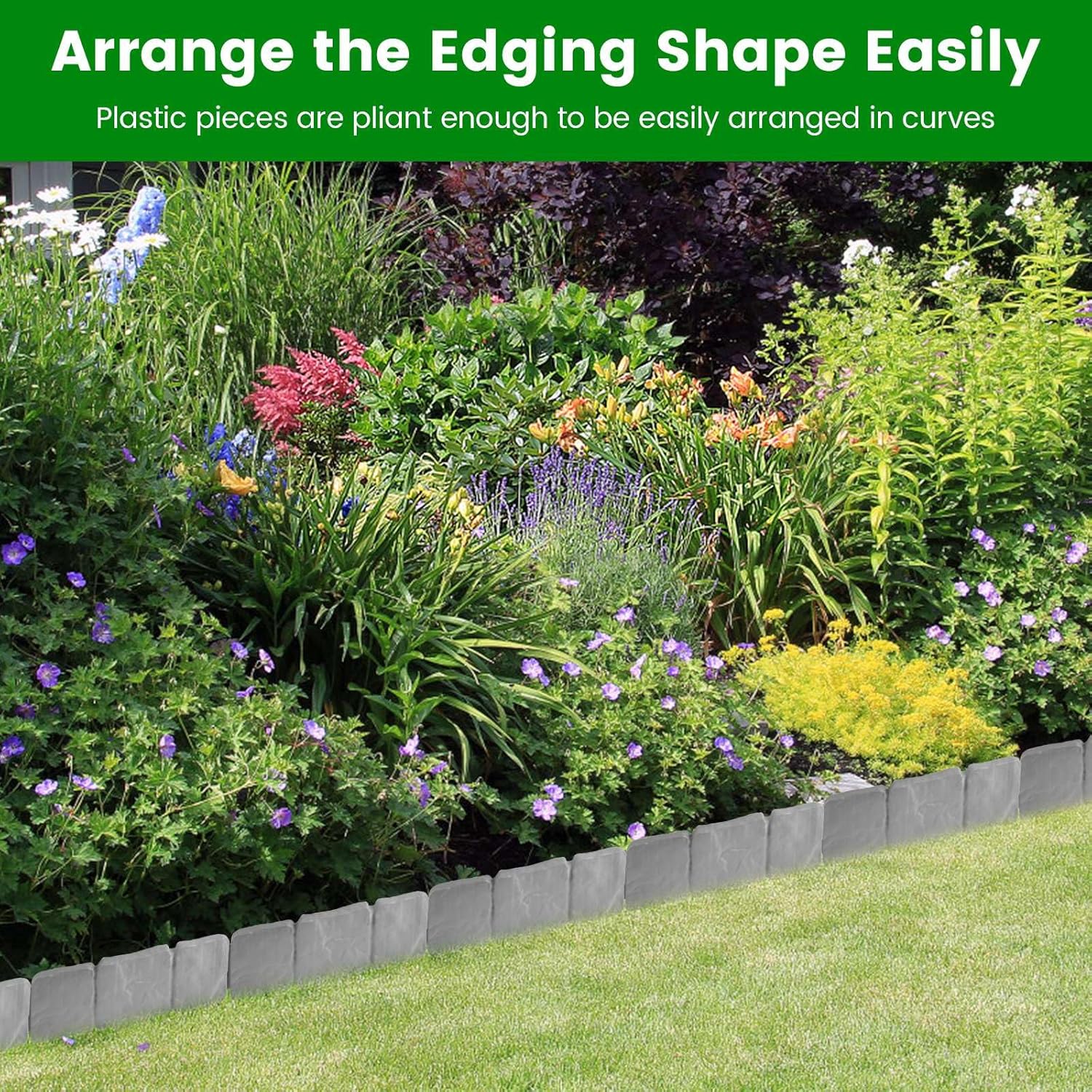 Garden Edging Border, 20 PCS Plastic Garden Edging Stone Look Border Cobbled Stone Effect Lawn Border Edging Decorative Flower Bed Border Set