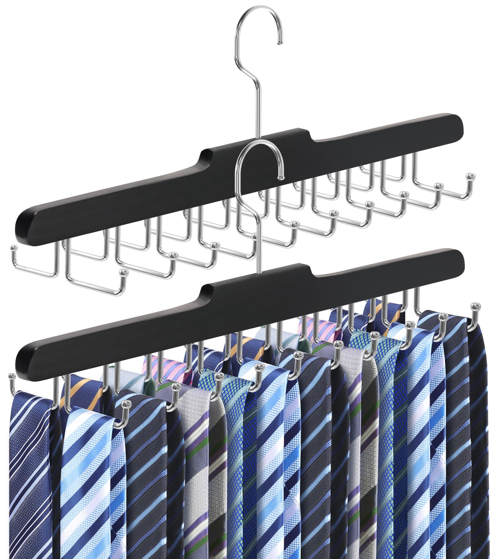 Tie Rack Belt Hanger for Closet, Upgraded Non Slip Tie Hanger Space Saving with 20 Foldable Hooks Wooden Belt Tie Organizer for Tank Tops Bras Cami Scarves (Black,2 Pack)