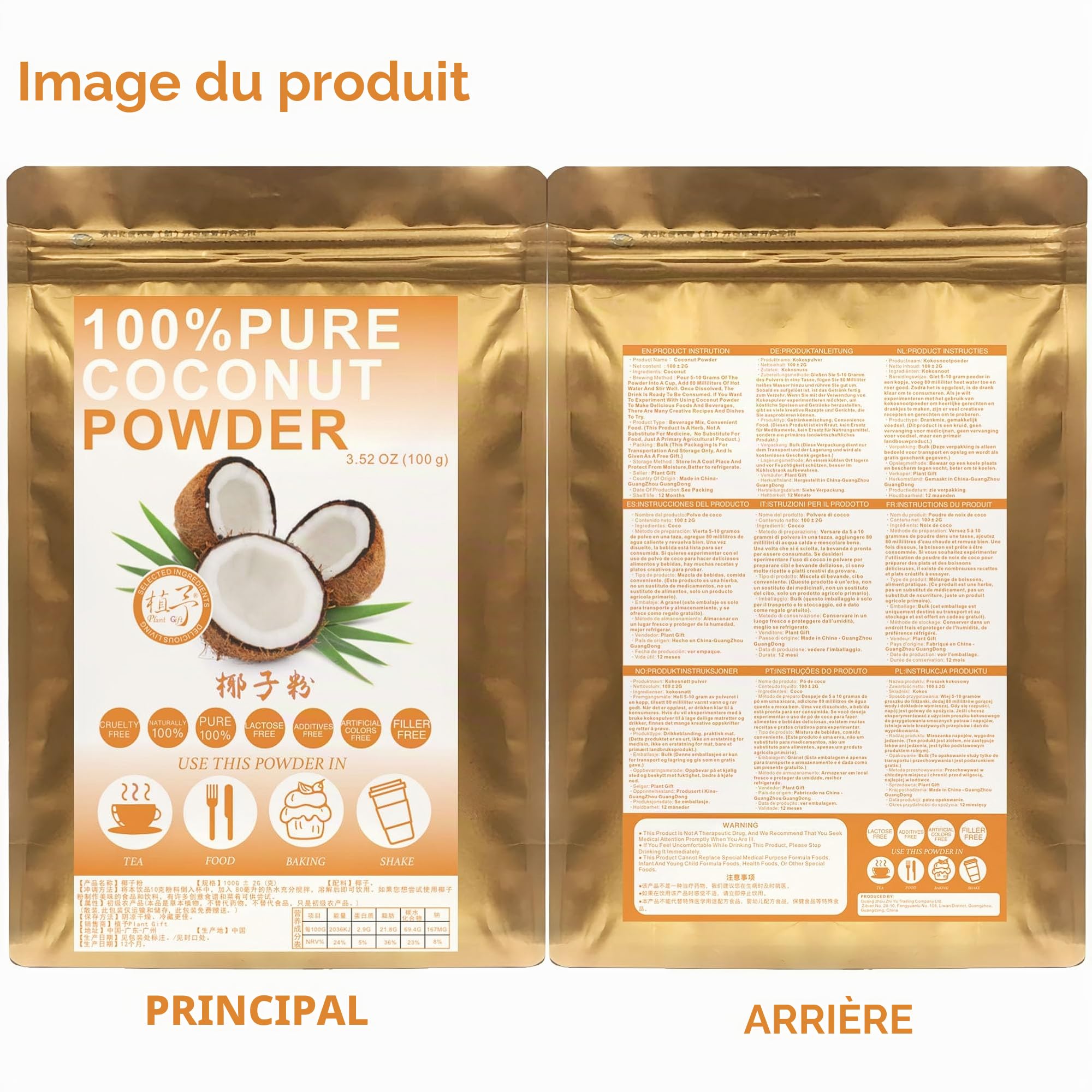 Plant Gift 100% Pur Poudre de Noix de Coco 椰子粉, Pour Boissons 100g/3.25oz | Naturel. Sans additifs. Mouture fine, arôme de noix de coco. Pour smoothies et pâtisserie. Also: Coconut Powder.