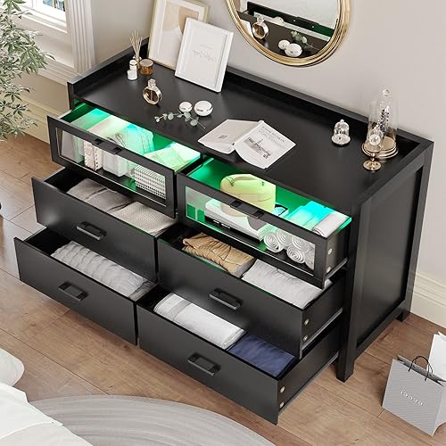 Miniatura 4 de VIAGDO Cómoda negra de 6 cajones con luces LED, cómoda ancha con cajón visual, armario de almacenamiento moderno de gran capacidad, cómoda de madera