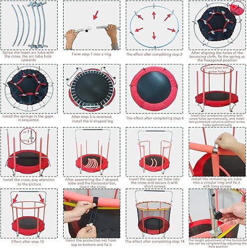 Miniatura 11 de Trampolín para niños, cama elástica ajustable para bebés con aro de baloncesto, 440 libras para interiores y exteriores con recinto (amarillo)