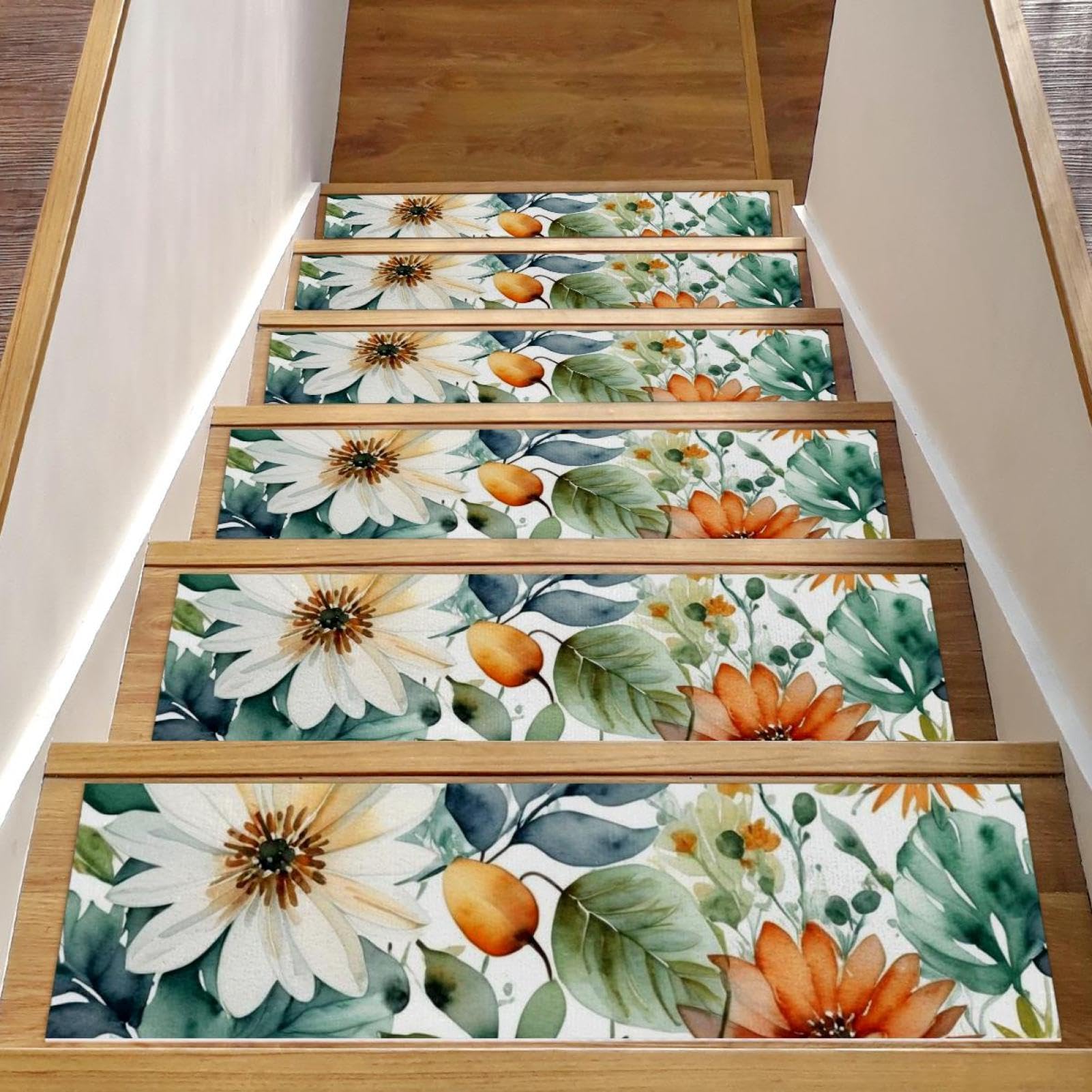 Tapis d'escalier antidérapant lot de 15 pièces lavables motif floral vert 20x76 cm