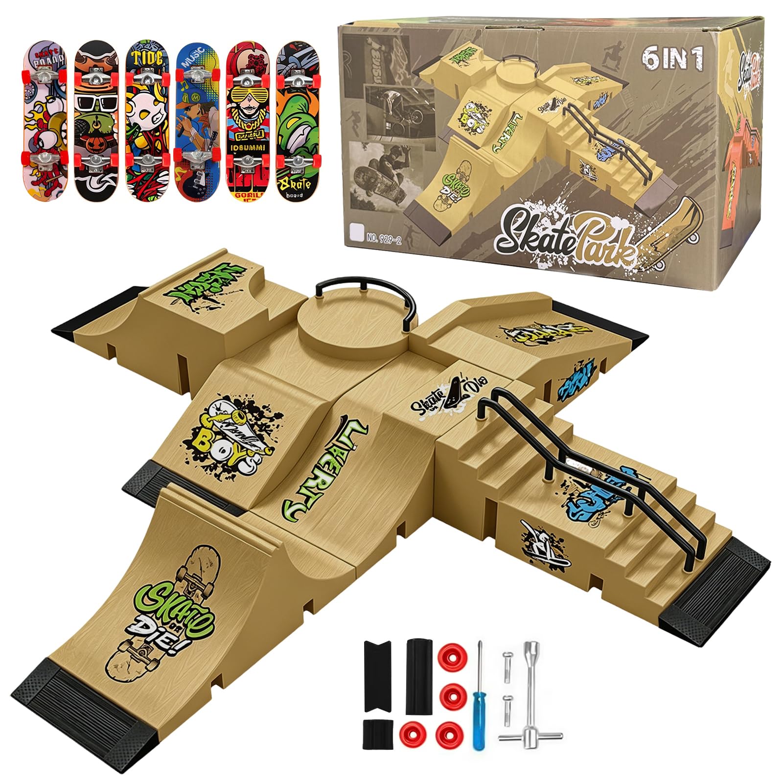 6-in-1-Finger Skateboard Park Set Enthält 6 Fingerboard Rampe Sowie 6 Mini-Finger-Skateboards und Eignet sich Ideal für Griffbrett-Liebhaber, als Kinderspielzeug oder als Übungsset für Anfänger