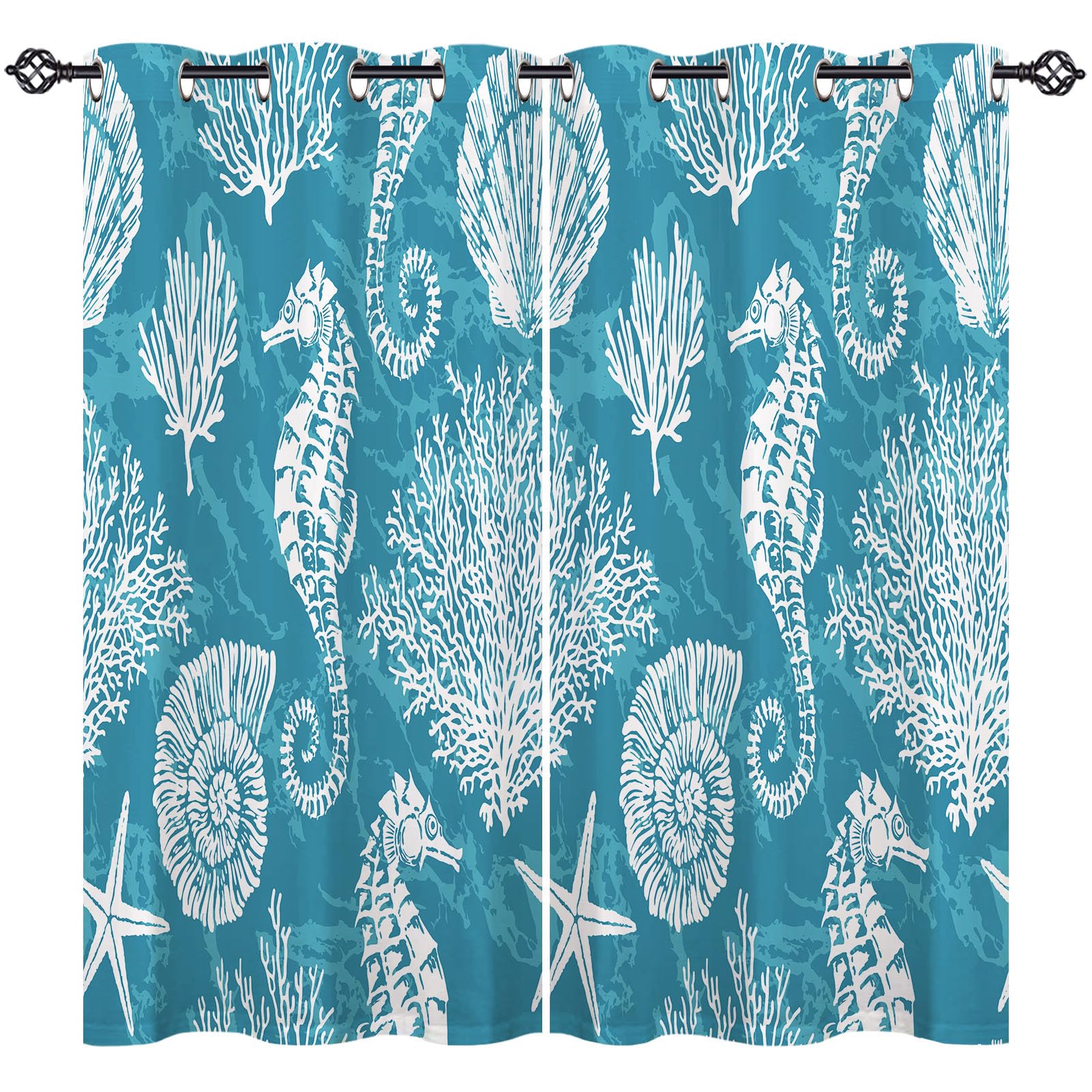 ANHOPE Seahorse Curtains Eyelet Blackout Thermal Insulated Curtains Ocean Sea Shell Stars Coral Print Pattern Soft Soundproof Privacy Window Drapes for Bedroom Living Room 66 x 54 Inch 2 Panels โ image 1