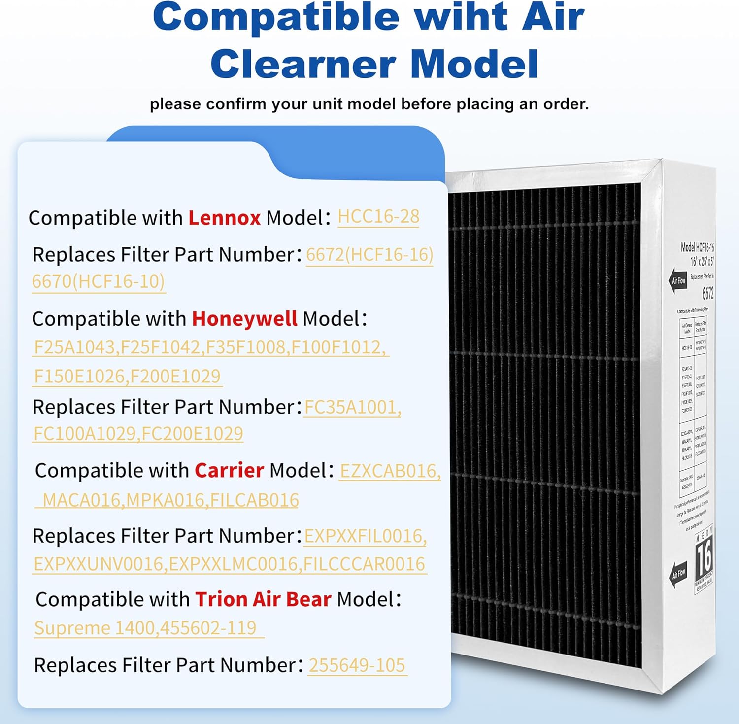 （2 Pack）X6672 16x25x5 MERV 16 Filter Compatible with Lennox X6672 and Lennox HCC16-28 Healthy Climate Carbon Clean MERV 16 Home Furnace Filter for HVAC System, Part Number HCF16-16, HCF16-10