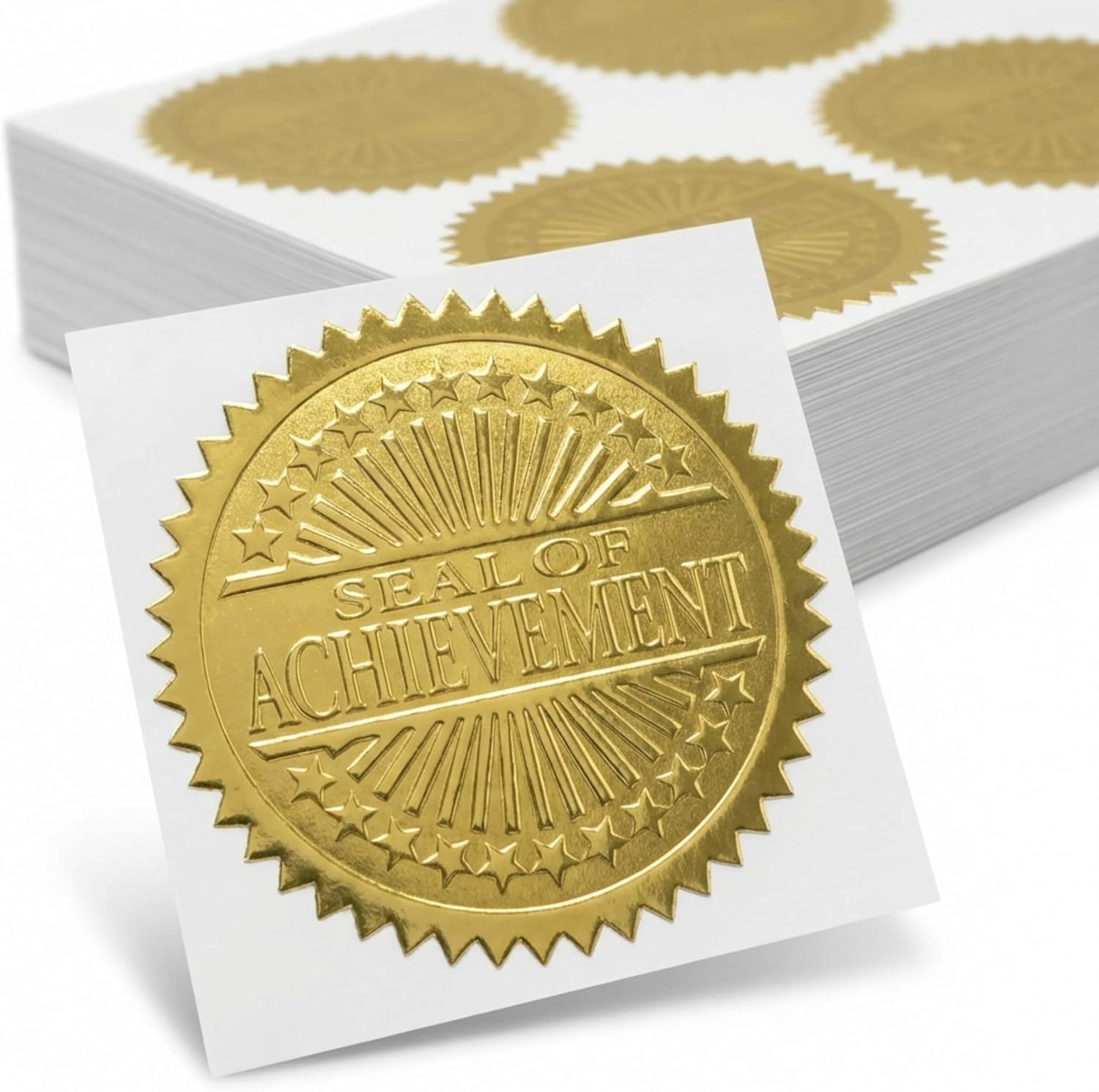 PaperDirect Seal of Achievement Embossed Starburst Gold Certificate Seals, 2 Inch, Self Adhesive, 100 Count, Embossed Seals for Certificates, Achievement and Award Stickers for School, Work, Diploma
