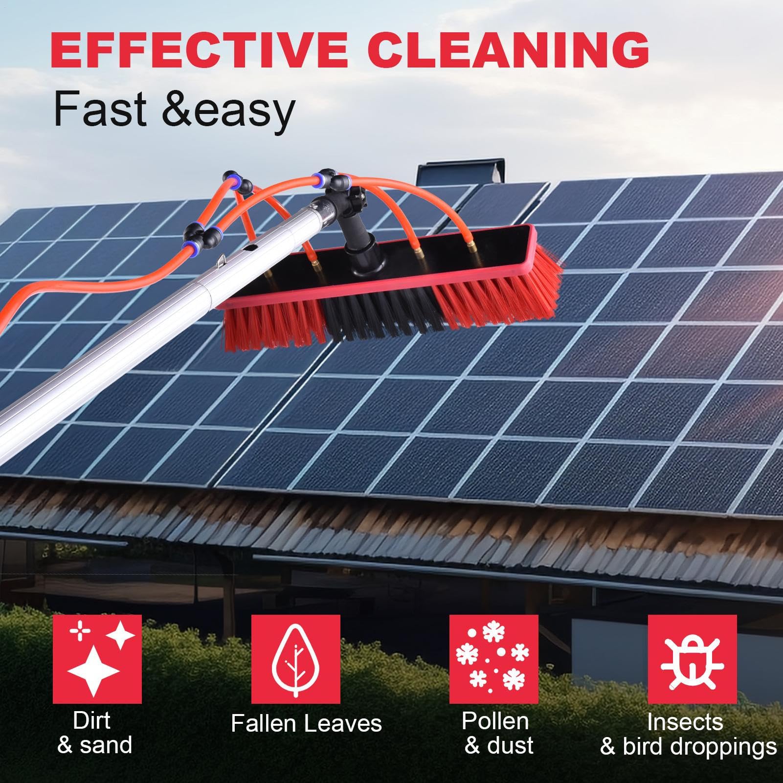 Kit de limpieza de paneles solares, limpieza de paneles solares, limpiador de cepillos ajustable, herramientas de lavado de ventanas giratorias con manguera de 20 m para limpiar coches, furgonetas