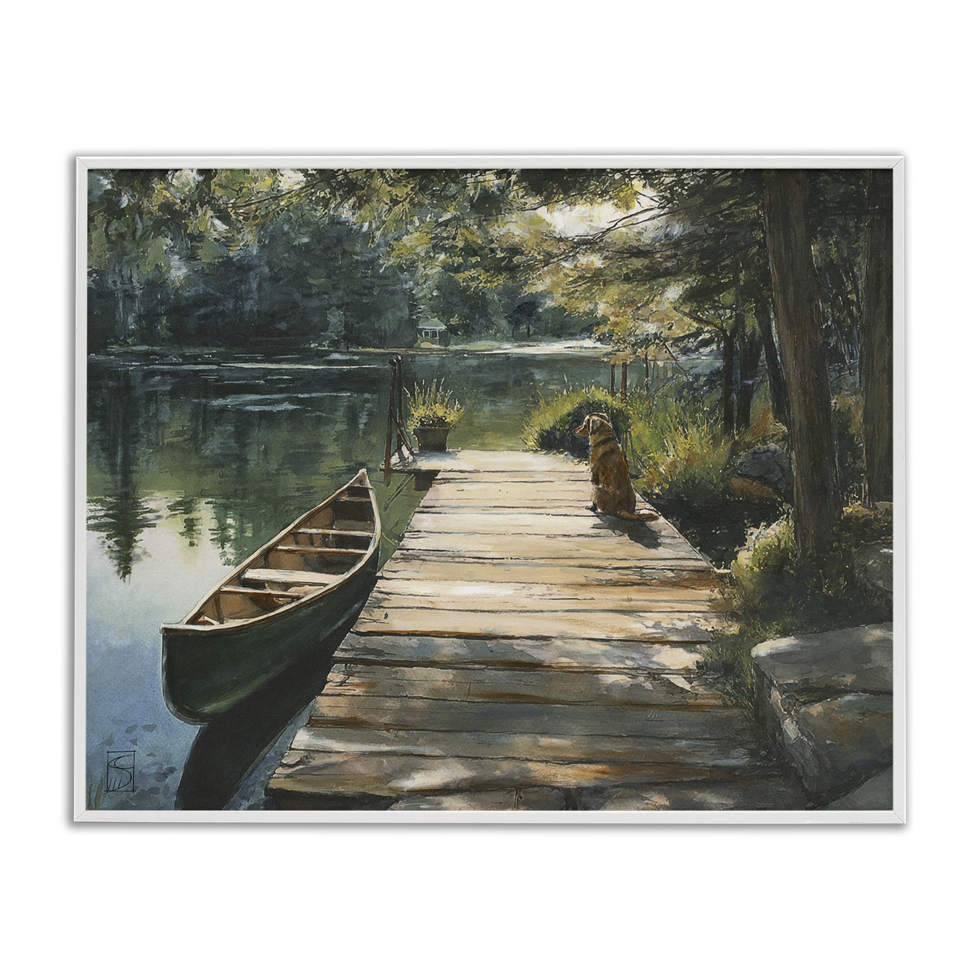 Tableau chien sur ponton Lac Life par Sara Culpepper cadre noir 28x35 cm