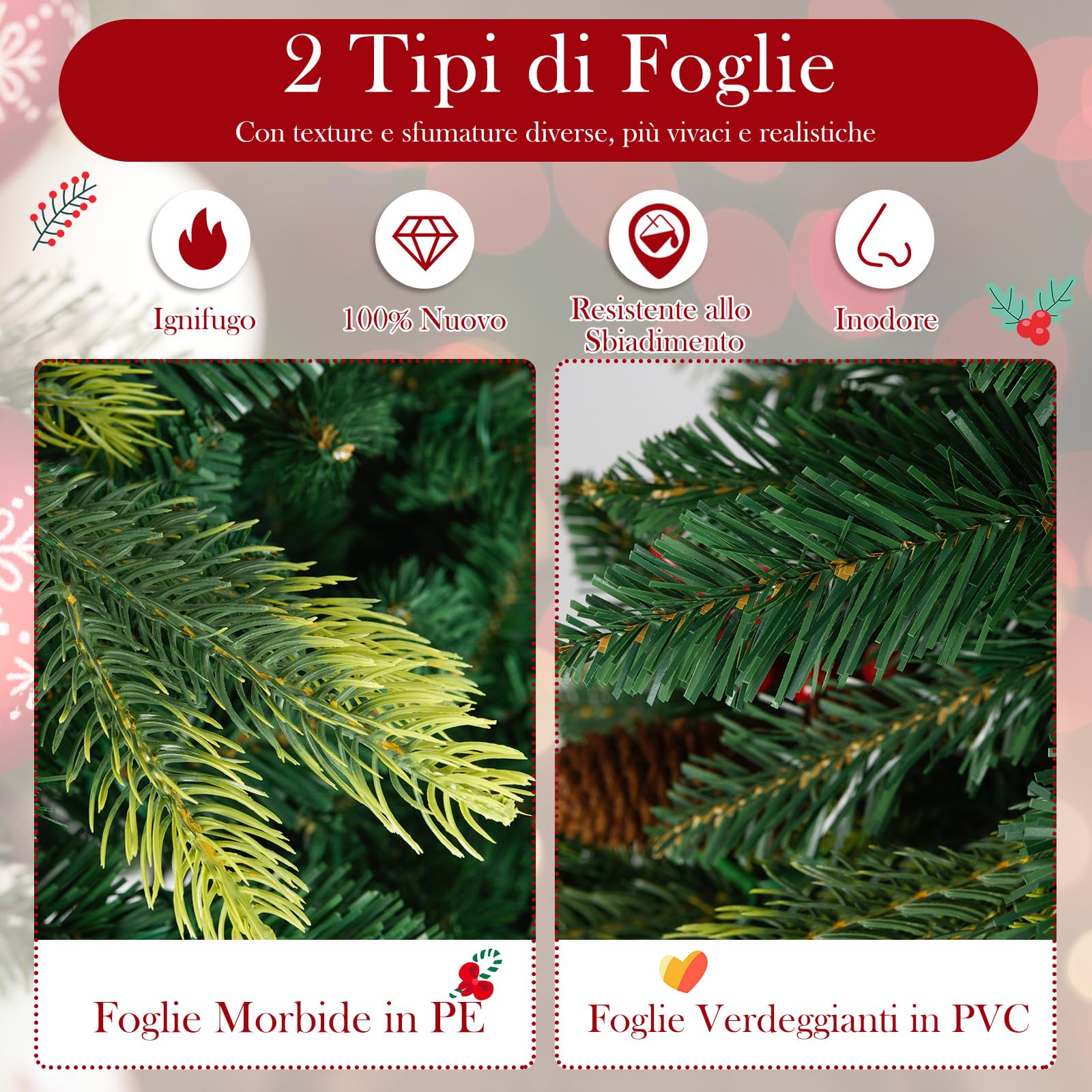COSTWAY Albero di Natale Artificiale 150/180 cm, con 250/370 Luci RGB Multicolori Controllabili tramite APP, 584/1054 Rami in PE & PVC, 23/41 Pigne e 23/41 Bacche Rosse e Controllo Remoto (150 cm)
