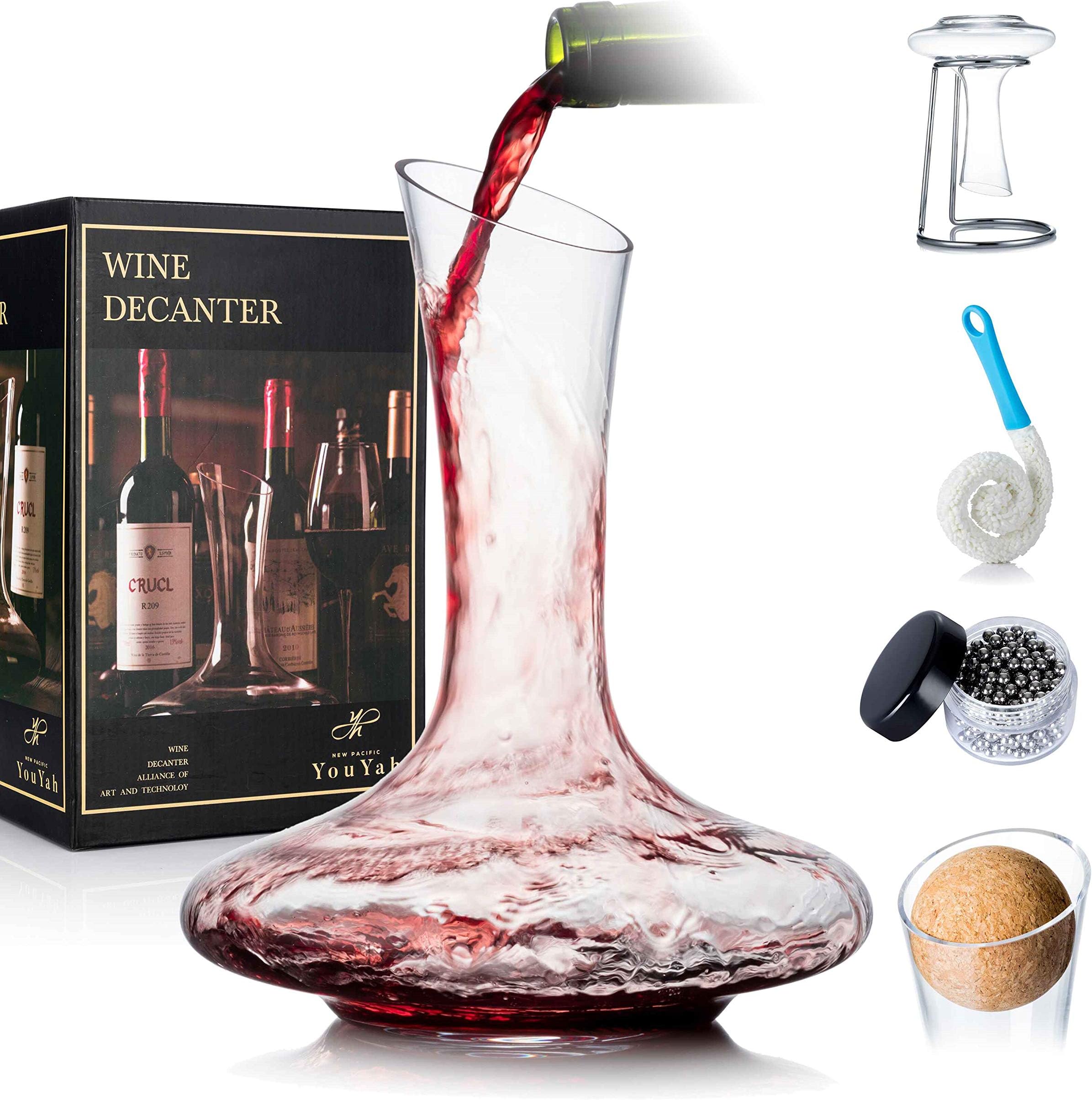 YouYah Wine Decanter with Drying Stand, Stopper, Brush and Beads,Red Wine Carafe, Wine Accessories, Wine Gift, Hand Blown 100% Lead Free Crystal Glass(Classic)