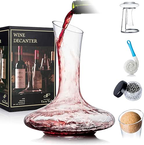 YouYah 100% Crystal Wine Decanter Set with Stand, Stopper, Brush