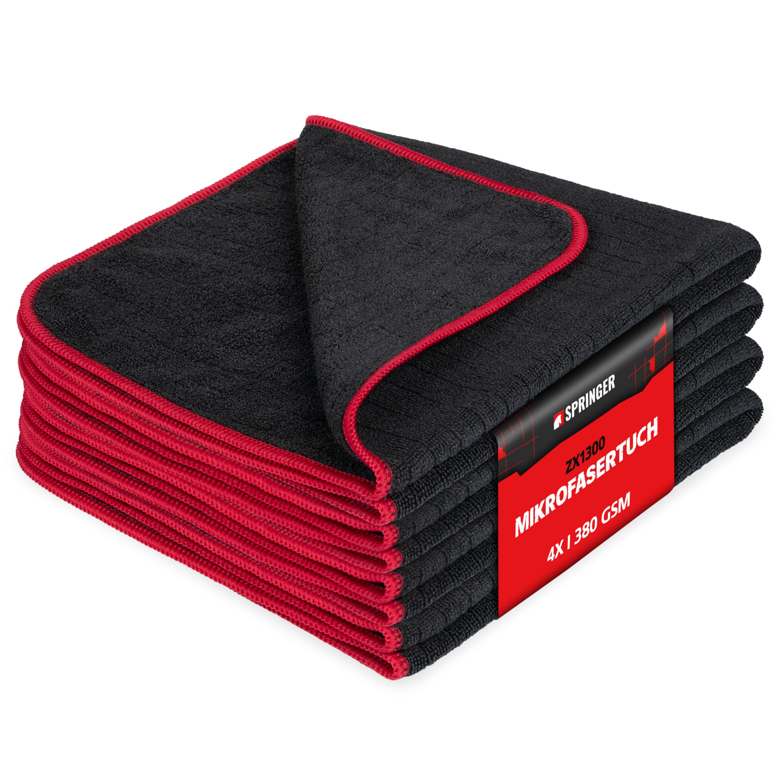 SPRINGER ZX1300 4 x Mikrofasertuch Auto 40 x 40 cm, 380 GSM | 100% kratzfrei & schonend | extrem saugfähig & fusselfrei | Reinigungs- & Poliertücher für die Autopflege
