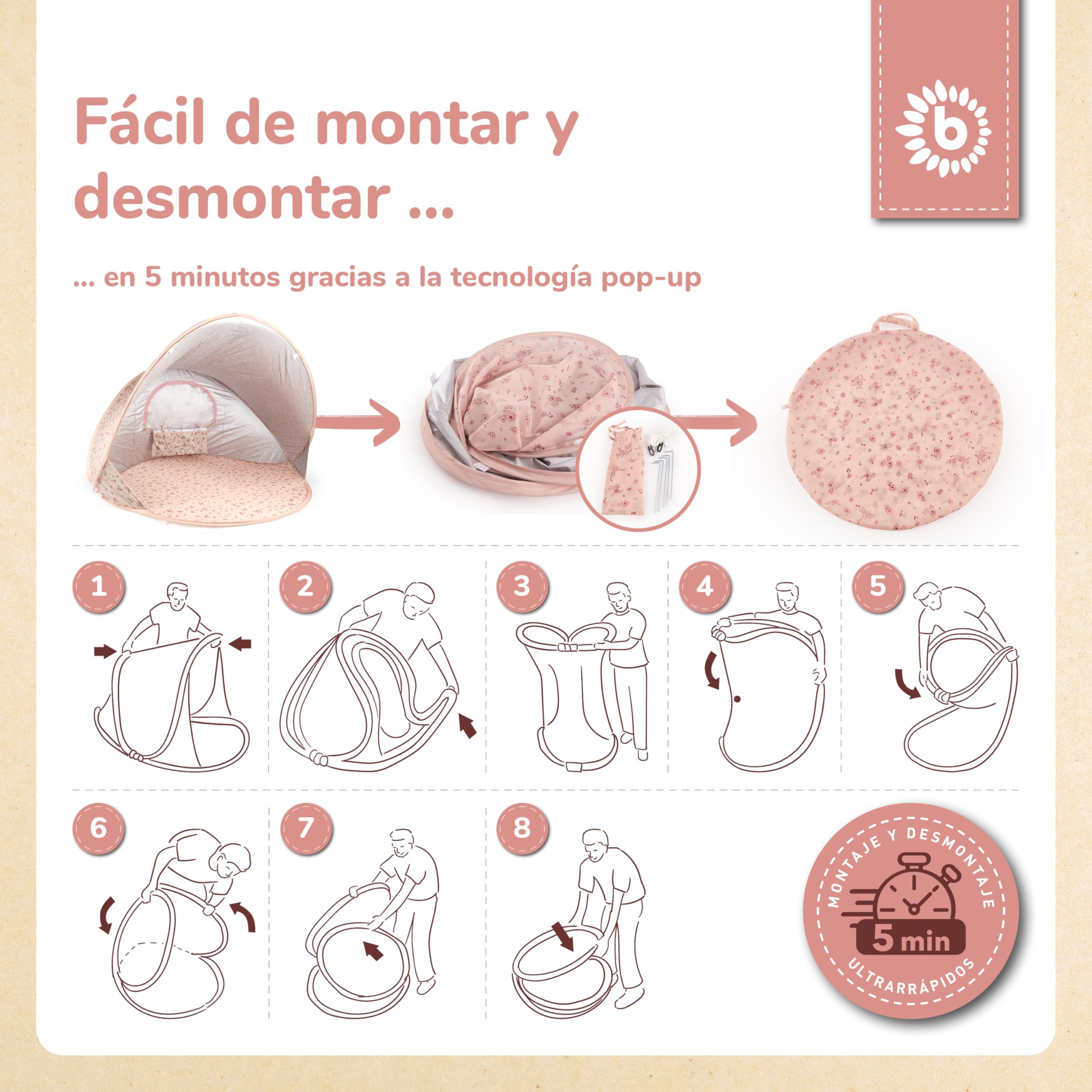 Bieco Tienda de Playa Pop-up Dreamy Flowers | Protección UV 40+ | Accesorio para Bebés