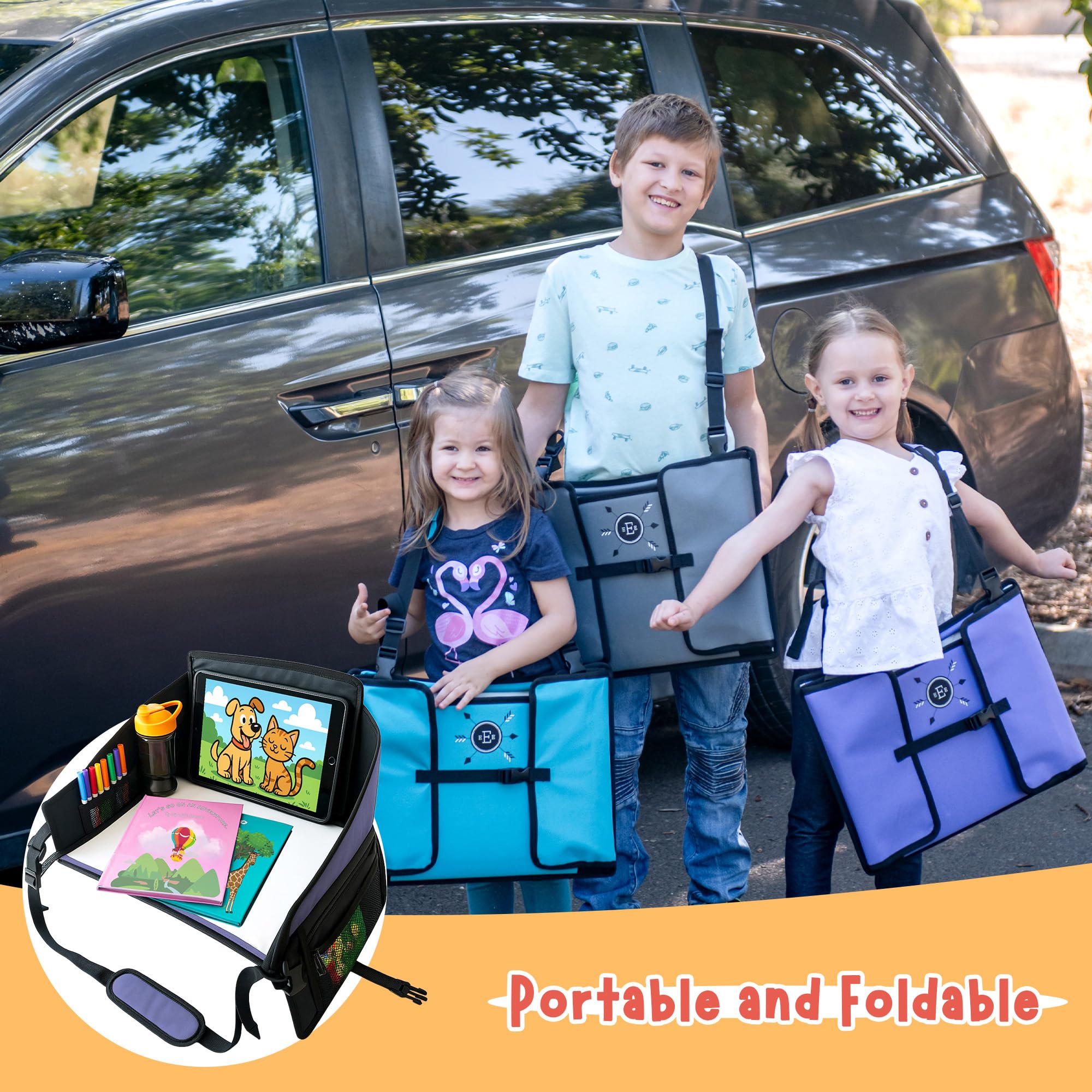 Plateau de voyage pour enfants pour siège de voiture - Violet - Le bureau de voyage essentiel avec support de tablette amovible, rangement intégré et panneaux stabilisés, plateau de voiture