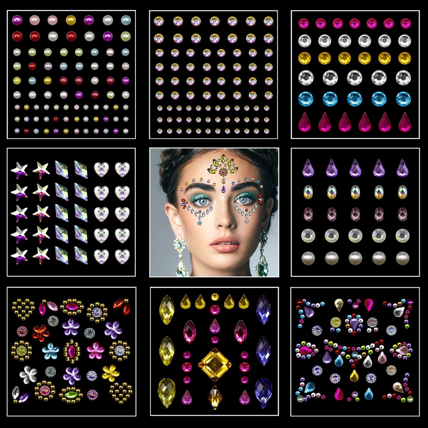 Face GemsFace Jewels, 8 Sheets Eye Body Face Gems Jewels Rhinestones
