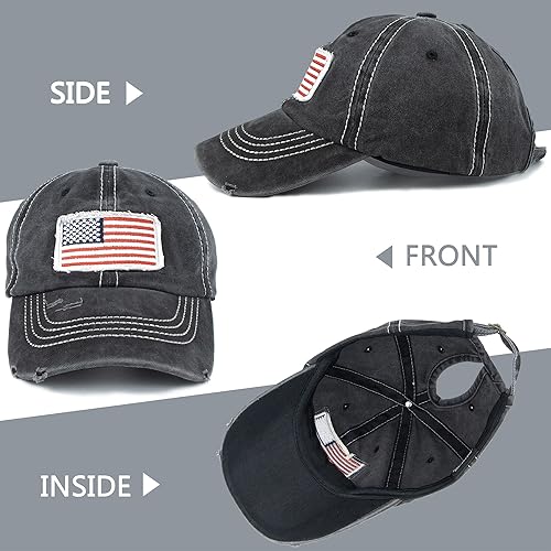 Miniatura 4 de Sombrero de cola de caballo desgastado para mujer, diseño de bandera americana, gorra de cola de caballo alta