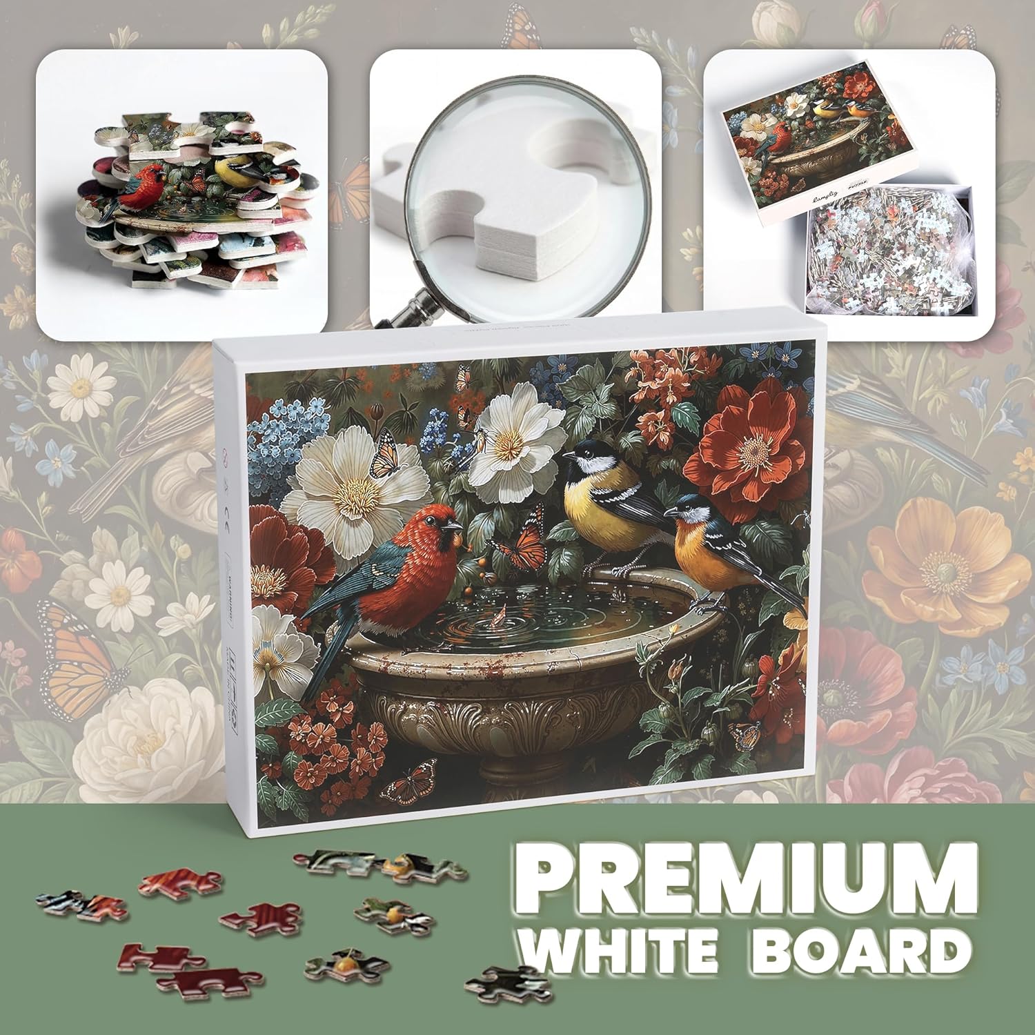 Puzzles for Adults 1000 Pieces, Spring Flower Garden Bird Bath, 1000 Piece Puzzle for Adults Seniors, Animal Nature Hard Jigsaw Puzzles with Letters on Back, Family Fun Gifts Decor,1:1 Poster