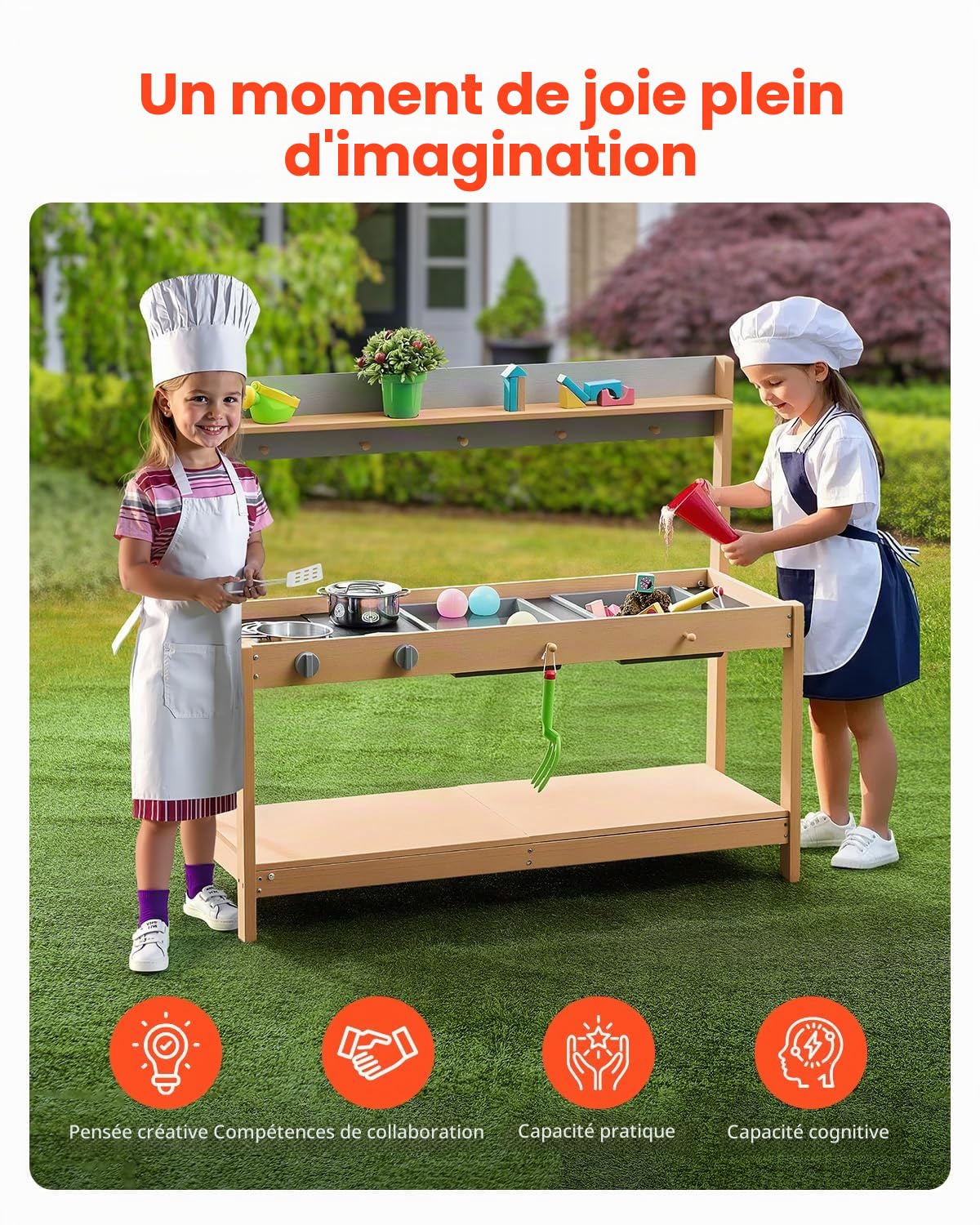 VEVOR Cuisine de Boue pour Enfants, 1000 mm, Ensemble Cuisine en Bois avec Accessoires, Jeu d'épicerie extérieur pour Tout-Petits, Jeu de Simulation pour garçons et Filles, avec cuisinières et évier