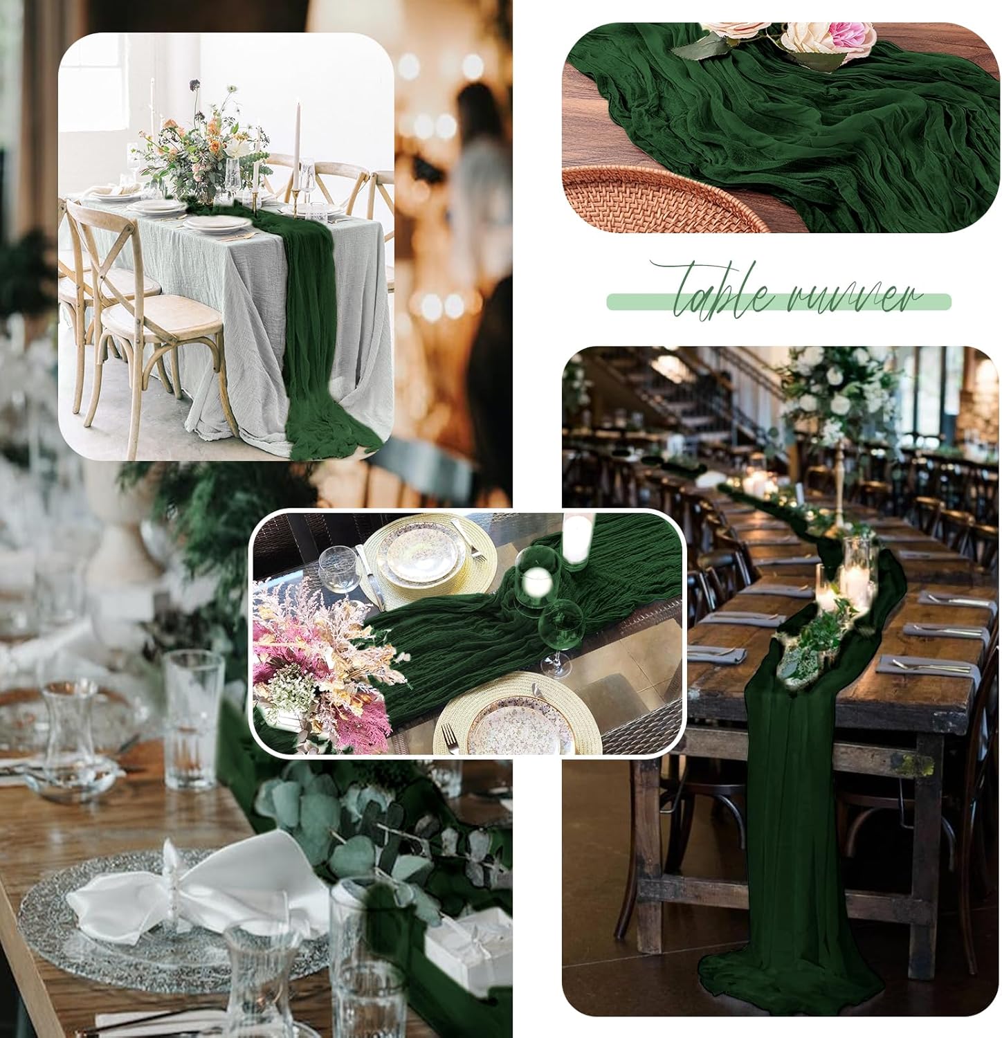 6 Pack Dark Green Cheesecloth Table Runner,10FT Gauze Boho Long Cheesecloth Table Runner 35x120inch Rustic Table Runners for Wedding Party Bridal Shower Banquet Table Decorations