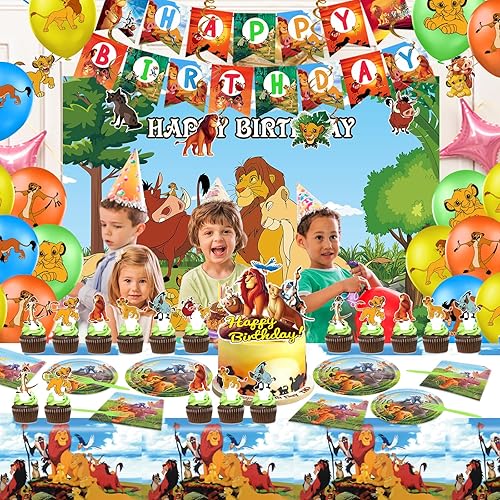 Miniatura 6 de Suministros para fiesta de cumpleaños del Rey León, decoraciones de fiesta de Rey León y juego de vajilla que incluye pancarta de feliz cumpleaños,